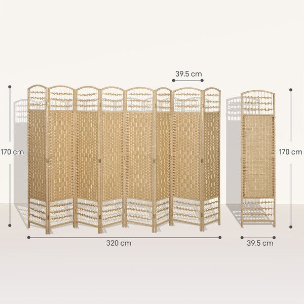 HOMCOM Paravento Interno a 8 Pannelli, Divisore di Ambienti Pieghevole, in Legno, 320x1,5x170 cm, Legno Naturale | Aosom Italy