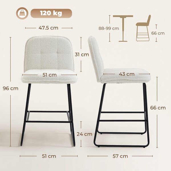 HOMCOM Set di 2 Sgabelli da Bar, Sgabelli Imbottiti con Seduta Extra-Larga, in Tessuto Bouclé, Crema | Aosom Italy