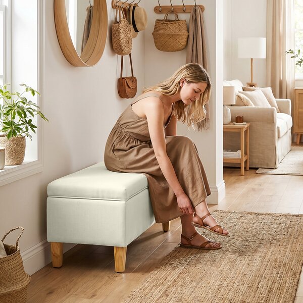 HOMCOM Panca Contenitore, Poggiapiedi Imbottito Effetto Lino con Piedi in Legno di Caucciù, 71x37x36 cm, Beige | Aosom Italy