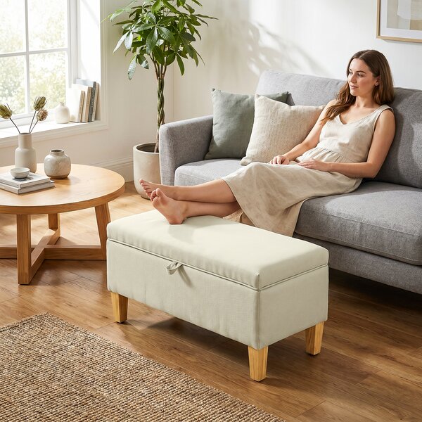 HOMCOM Panca Contenitore, Poggiapiedi Imbottito Effetto Lino con Piedi in Legno di Caucciù, 71x37x36 cm, Beige | Aosom Italy