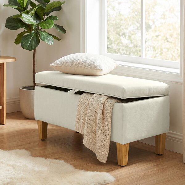 HOMCOM Panca Contenitore, Poggiapiedi Imbottito Effetto Lino con Piedi in Legno di Caucciù, 71x37x36 cm, Beige | Aosom Italy