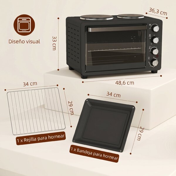 HOMCOM Forno Elettrico da Appoggio 28L 2600W con Piastre Riscaldanti, Temperatura Regolabile, Timer e Teglia, 48,6x36,3x33 cm, Nero | Aosom Italy