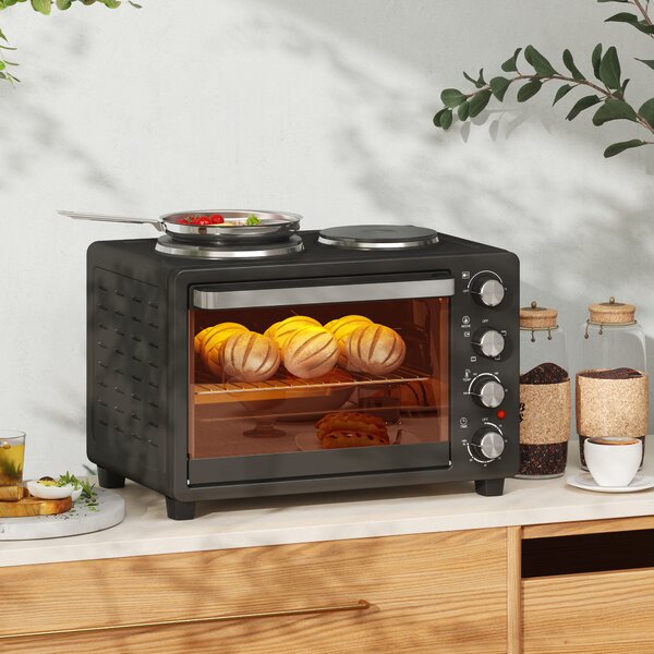 HOMCOM Forno Elettrico da Appoggio 28L 2600W con Piastre Riscaldanti, Temperatura Regolabile, Timer e Teglia, 48,6x36,3x33 cm, Nero | Aosom Italy