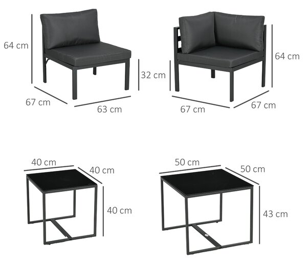 Outsunny Set da Giardino 7 Pezzi in Acciaio e Poliestere con 5 Sedie con Cuscini e 2 Tavolini da Caffè, Grigio
