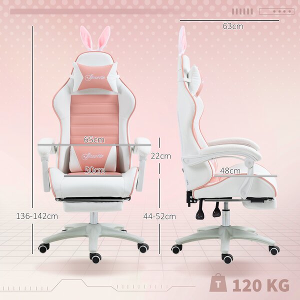 Vinsetto Sedia Gaming Ergonomica con Orecchie, Poggiapiedi Estraibile, Cuscino Lombare e Poggiatesta, Rosa | Aosom Italy
