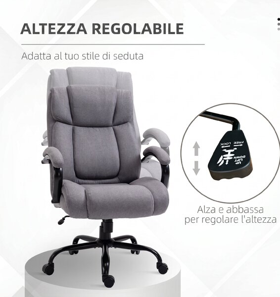 Vinsetto Sedia Ufficio Ergonomica in Tessuto Effetto Lino, Portata 220kg, Girevole, Altezza Regolabile, Grigio Chiaro | Aosom Italy