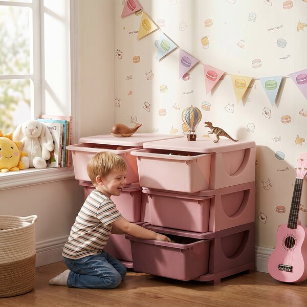 HOMCOM Cassettiera 6 Cassetti per Bambini 3-6 Anni con Bordi Arrotondati, in PP Rosa, 75x37x56.5 cm | Aosom Italy