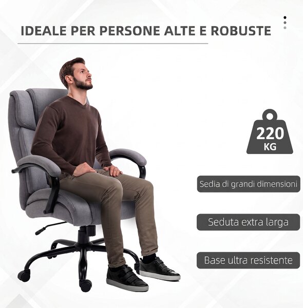 Vinsetto Sedia Ufficio Ergonomica in Tessuto Effetto Lino, Portata 220kg, Girevole, Altezza Regolabile, Grigio Chiaro | Aosom Italy