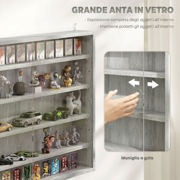 HOMCOM Vetrina per Collezionismo a 4 Ripiani Regolabili in Legno con Ante in Vetro, 80x9.5x60 cm, Grigio | Aosom Italy