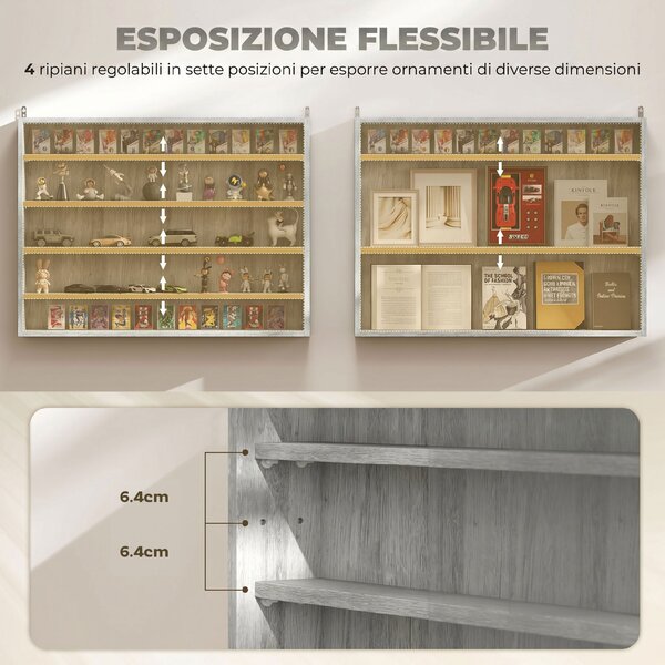 HOMCOM Vetrina per Collezionismo a 4 Ripiani Regolabili in Legno con Ante in Vetro, 80x9.5x60 cm, Grigio | Aosom Italy