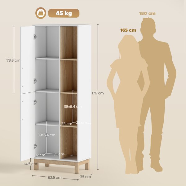 HOMCOM Mobile Bagno Alto, Mobiletto Bagno Salvaspazio con 2 Ante e 4 Ripiani Aperti, Ripiani Regolabili, per Lavanderia, 62.5x35x176 cm, Bianco | Aosom Italy