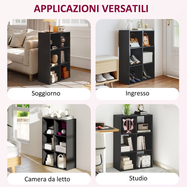 HOMCOM Libreria a Cubi con 6 Ripiani Portaoggetti in Legno dal Design Rustico, 61.5x29.5x91.5 cm, Nero | Aosom Italy