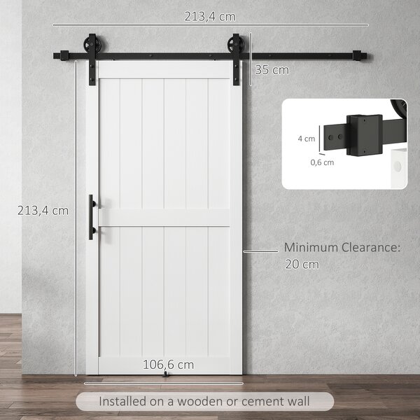 HOMCOM Porta Scorrevole con Binario e Maniglia, in Stile Country e in Legno e Acciaio, 106.6x213.4 cm, Bianco e Nero | Aosom Italy