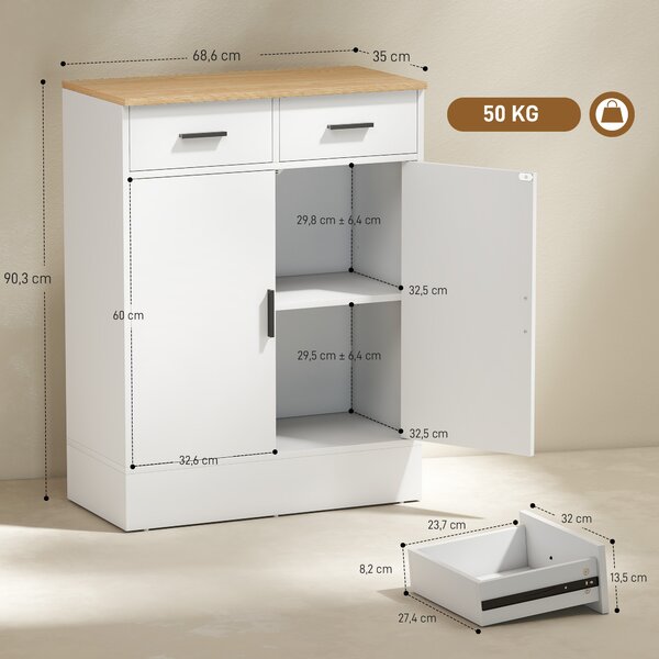 HOMCOM Credenza Moderna 2 Cassetti e Armadietto 2 Ante, Ripiano Interno Regolabile, Bianco e Legno | Aosom Italy