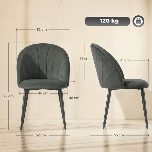 HOMCOM Set 2 Sedie da Pranzo Imbottite con Schienale a Conchiglia in Velluto, 52x55x79 cm, Grigio | Aosom Italy