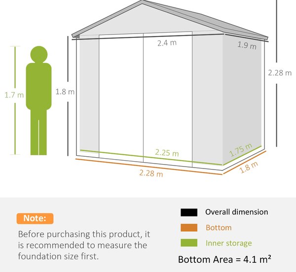 Outsunny Casetta da giardino con tetto a due falde, Capanno per attrezzi, 240 x 190 x 180/228 cm e 4,1 m², Grigio | Aosom Italy