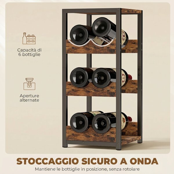 Portabottiglie HOMCOM, scaffali ondulati, piedini regolabili, marrone rustico, nero. | Aosom Italy