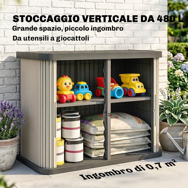 Outsunny Cassone di Stoccaggio Esterno 480 L, 2 Livelli con Porte Scorrevoli Resistente ai Raggi UV, 120,5x59,5x92 cm, Marrone Chiaro | Aosom Italy