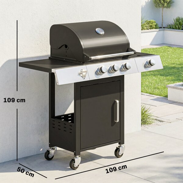 Outsunny Gas BBQ, 3 Burners, Side Burner, Cast Iron Grills, Side Tables Included. | Aosom Italy