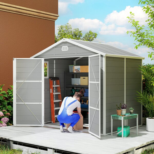 Outsunny Casetta da giardino con tetto a due falde, Capanno per attrezzi, 240 x 190 x 180/228 cm e 4,1 m², Grigio | Aosom Italy