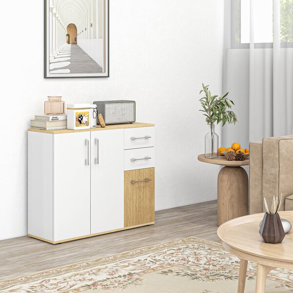 HOMCOM Credenza con 3 porte, 2 cassetti e ripiano regolabile, 90 x 30 x 75,5 cm, Bianco e legno naturale | Aosom Italy