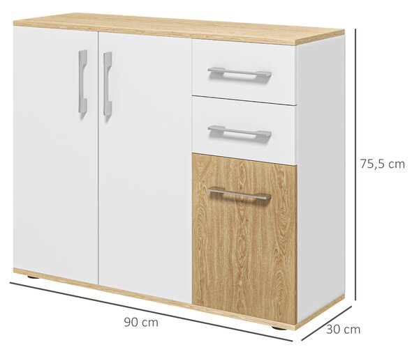 HOMCOM Credenza con 3 porte, 2 cassetti e ripiano regolabile, 90 x 30 x 75,5 cm, Bianco e legno naturale | Aosom Italy