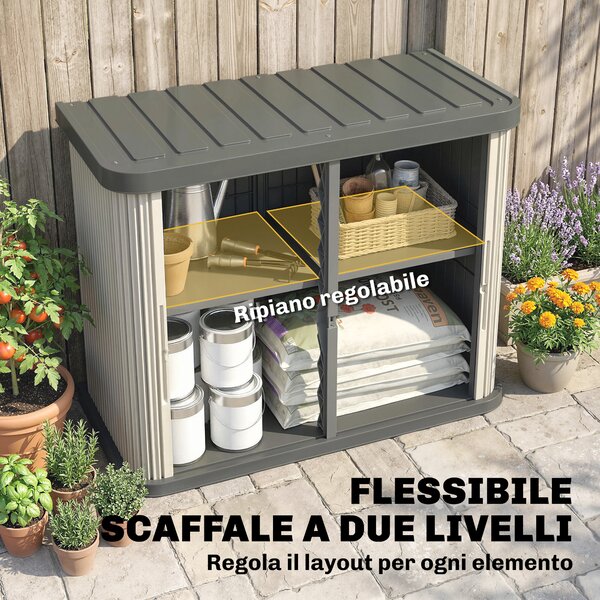 Outsunny Cassone di Stoccaggio Esterno 480 L, 2 Livelli con Porte Scorrevoli Resistente ai Raggi UV, 120,5x59,5x92 cm, Marrone Chiaro | Aosom Italy