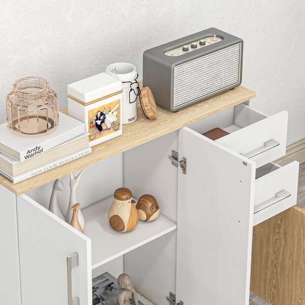 HOMCOM Credenza con 3 porte, 2 cassetti e ripiano regolabile, 90 x 30 x 75,5 cm, Bianco e legno naturale | Aosom Italy
