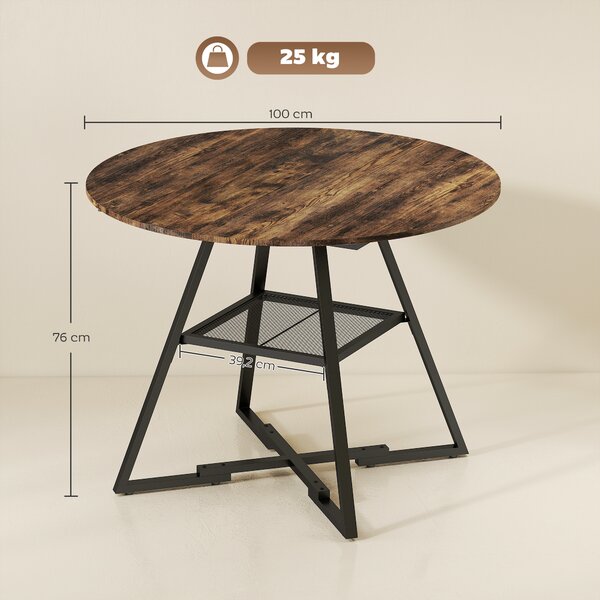 HOMCOM Tavolo da pranzo 4 posti, 100 cm rotondo, cucina industriale, ripiano portaoggetti, marrone rustico. | Aosom Italy
