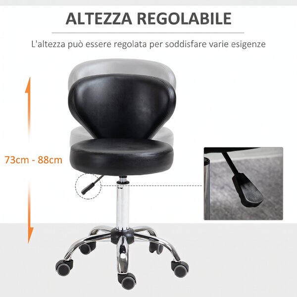 HOMCOM Sgabello Regolabile Girevole a 360°, Sgabello da Estetista con Schienale, in Acciaio, Finta Pelle, Nero | Aosom Italy