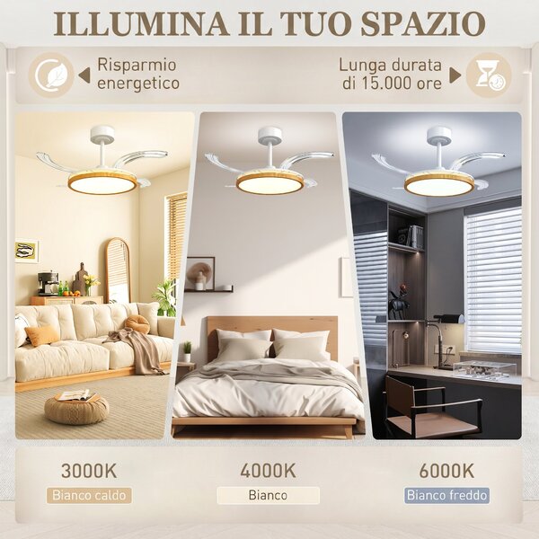 HOMCOM Ventilatore da soffitto con luce e telecomando, 95 cm ventilatore LED moderno con pale retraibili, naturale | Aosom Italy