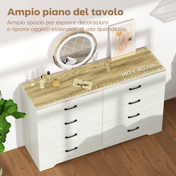 HOMCOM Cassettiera 8 Cassetti Moderna in Legno, 140x40x86 cm, Noce e Grigio Chiaro | Aosom Italy