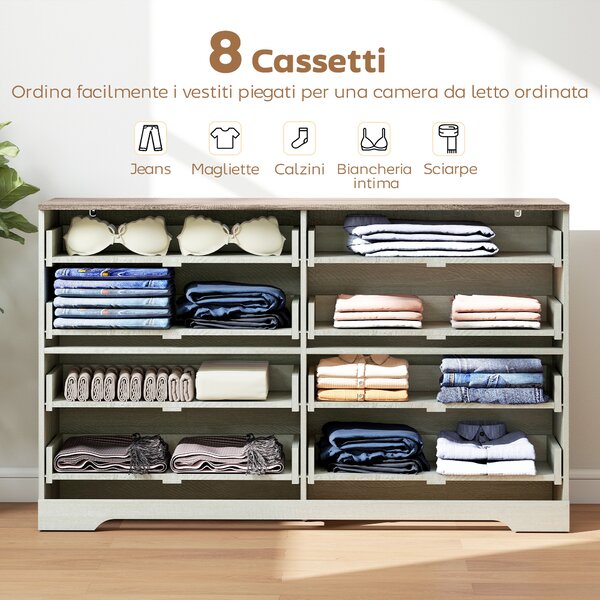 HOMCOM Cassettiera 8 Cassetti Moderna in Legno, 140x40x86 cm, Noce e Grigio Chiaro | Aosom Italy