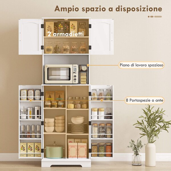 HOMCOM Credenza da Cucina Alta Stile Country, 2 Armadietti e 8 Portaspezie, 60x40x181.5 cm, Bianco | Aosom Italy