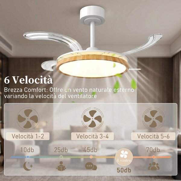 HOMCOM Ventilatore da soffitto con luce e telecomando, 95 cm ventilatore LED moderno con pale retraibili, naturale | Aosom Italy