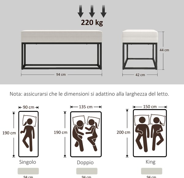 HOMCOM Panca da Ingresso Moderno in Acciaio, Spugna e Tessuto Vellutato con Piedini Regolabili, 94x42x44 cm, Crema | Aosom Italy