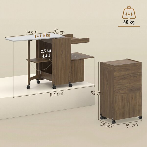 HOMCOM Armadio Asse da Stiro Pieghevole con Porta Ferro e Indumenti con Vano Aperto,154x55x87 cm, Marrone | Aosom Italy