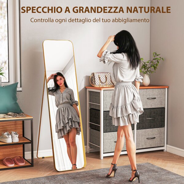 HOMCOM Specchio da Terra 40x160cm Rettangolare a Figura Intera con Cavalletto Autoportante, Oro | Aosom Italy