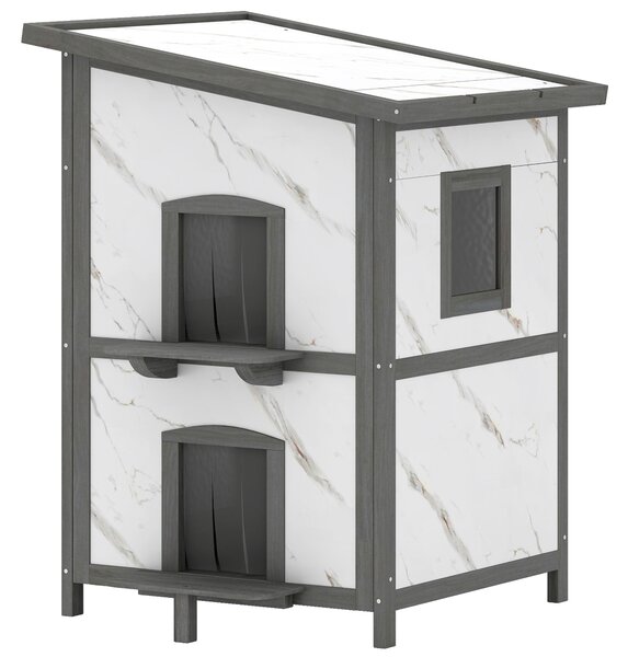 PawHut Casetta per gatti da esterno, in legno, con più ingressi e finestra, impermeabile, 60 x 60 x 88 cm, Bianco | Aosom Italy