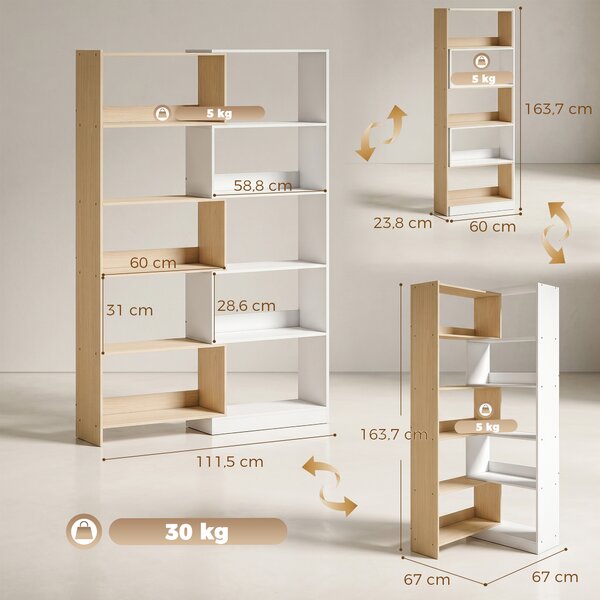 HOMCOM Libreria Angolare, Scaffale 5 Ripiani, Design Rotante 350°, Legno Fruttato/Bianco | Aosom Italy