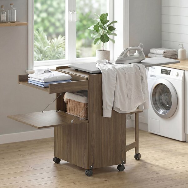HOMCOM Armadio Asse da Stiro Pieghevole con Porta Ferro e Indumenti con Vano Aperto,154x55x87 cm, Marrone | Aosom Italy