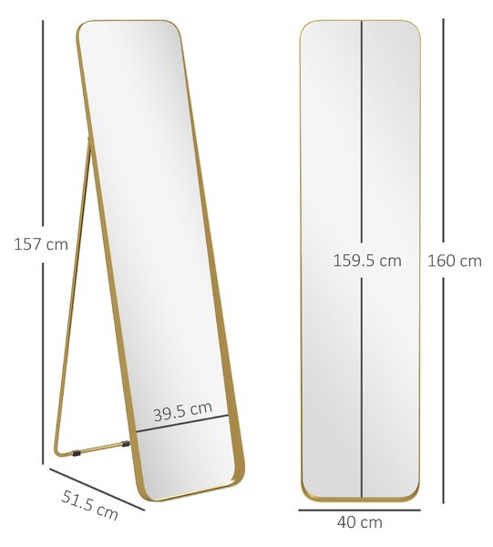 HOMCOM Specchio da Terra 40x160cm Rettangolare a Figura Intera con Cavalletto Autoportante, Oro | Aosom Italy