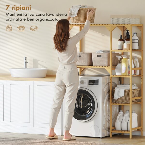 HOMCOM Mobile Sopra Lavatrice a 7 Ripiani con Spazio Regolabile, in Bambù, 100x40x157 cm, color Legno | Aosom Italy