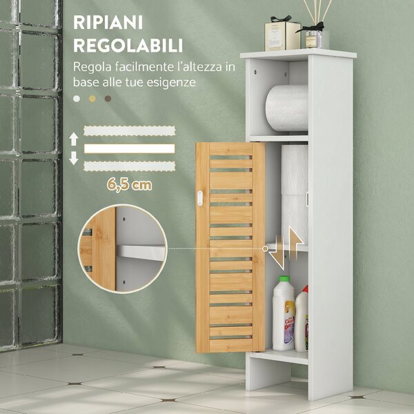 HOMCOM Mobile da Bagno con Porta Rotolo di Carta Igienica, Armadietto Alto e Sottile con Mensola Regolabile, Bianco | Aosom Italy