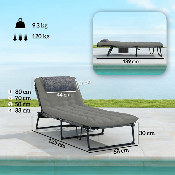 Outsunny Lettino da Giardino Pieghevole e Reclinabile con Tasca Laterale, 68x189x30 cm, Nero e Grigio