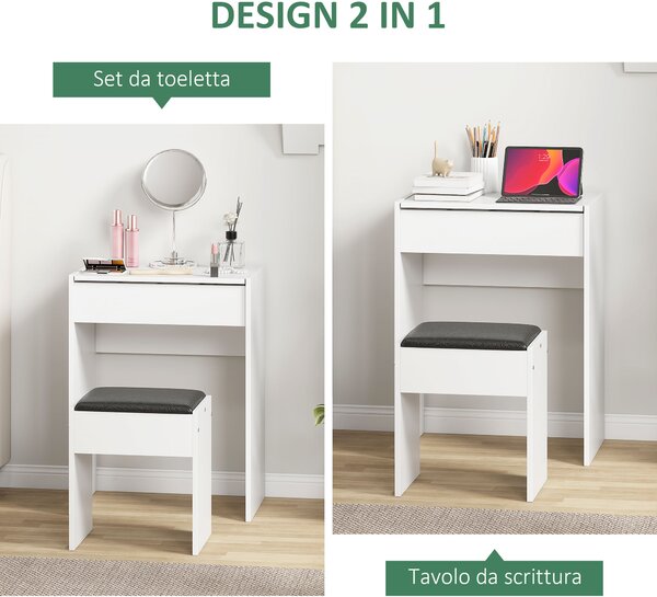 HOMCOM Tavolo da toletta con specchio retrattile sgabello contenitore 9 moderno in pannello truciolare, 60.2x40.2x79 cm, bianco e nero | Aosom Italy