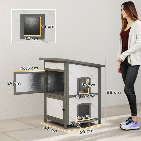 PawHut Casetta per gatti da esterno, in legno, con più ingressi e finestra, impermeabile, 60 x 60 x 88 cm, Bianco | Aosom Italy