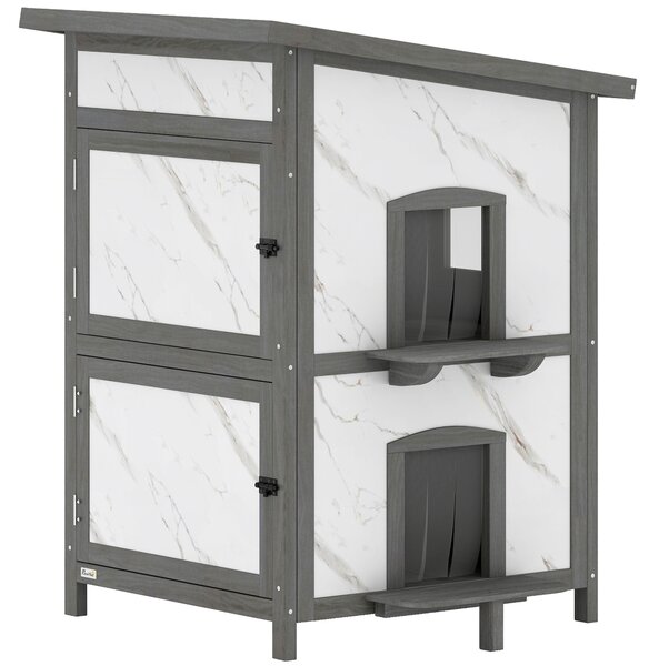 PawHut Casetta per gatti da esterno, in legno, con più ingressi e finestra, impermeabile, 60 x 60 x 88 cm, Bianco | Aosom Italy