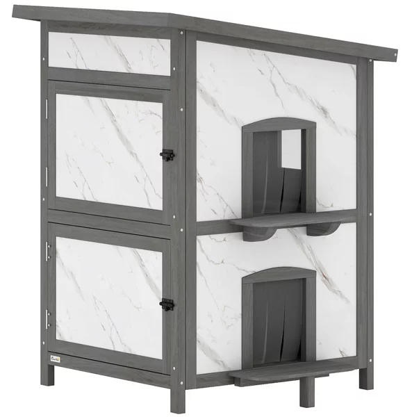 PawHut Casetta per gatti da esterno, in legno, con più ingressi e finestra, impermeabile, 60 x 60 x 88 cm, Bianco | Aosom Italy