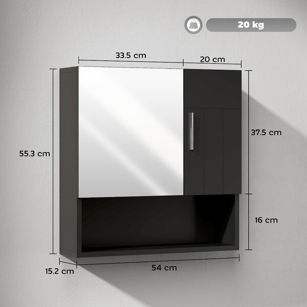 Kleankin Armadietto Specchiera Bagno in Legno con Mensole Regolabili e Ripiano Aperto, 54x15.2x55.3 cm, Nero | Aosom Italy